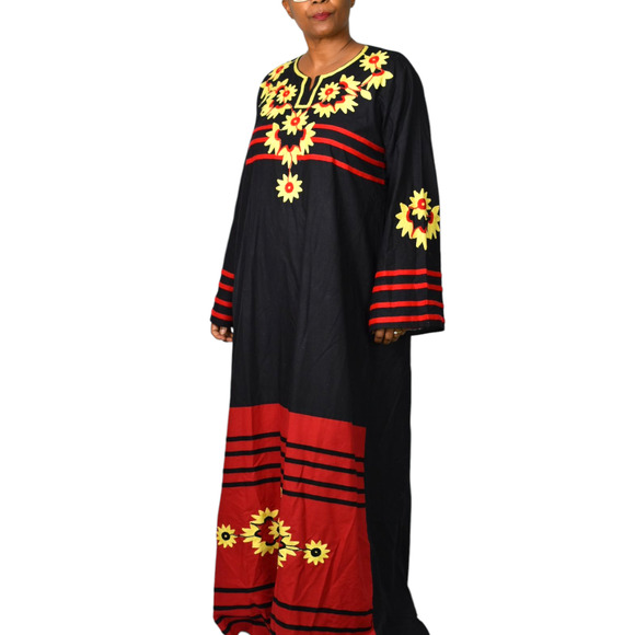 Egyptian Embroidered Caftan Dress Black Long Sleeve Cover Up Tunic Floral Large - Picture 9 of 15